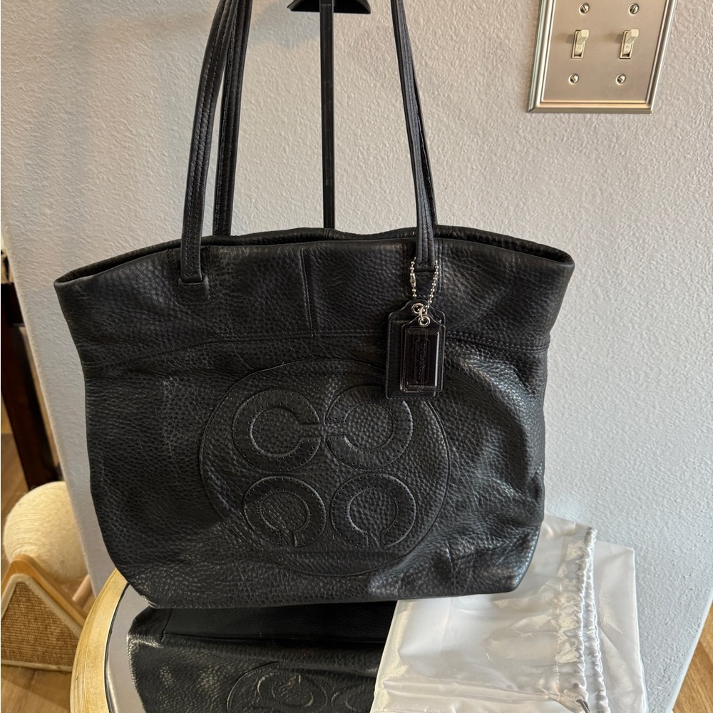 Coach Julia Op Art Black Pebble Leather Tote Bag